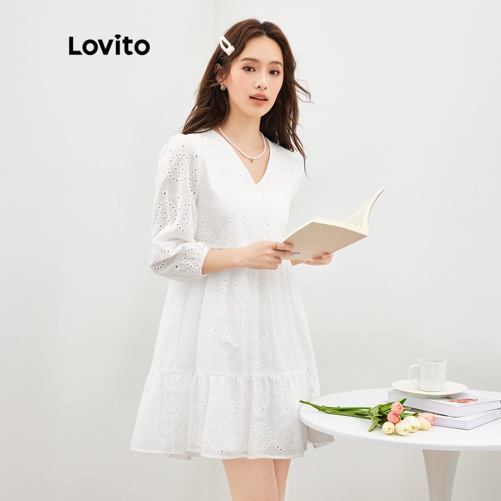 Lovito Vestido Casual De Bordado Com Bainha De Babado L39ED065 (Off White)