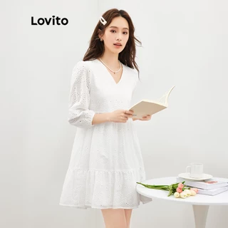 Lovito Vestido Casual De Bordado Com Bainha De Babado L39ED065 (Off White)