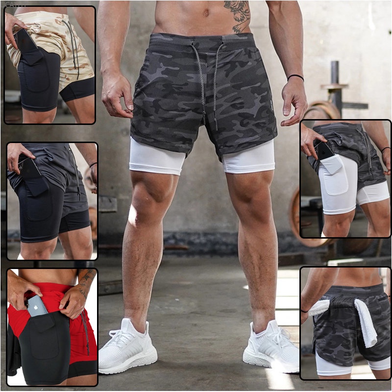 Bermuda Masculina 2 em 1 com Compressão, Suporte e Bolso para Celular