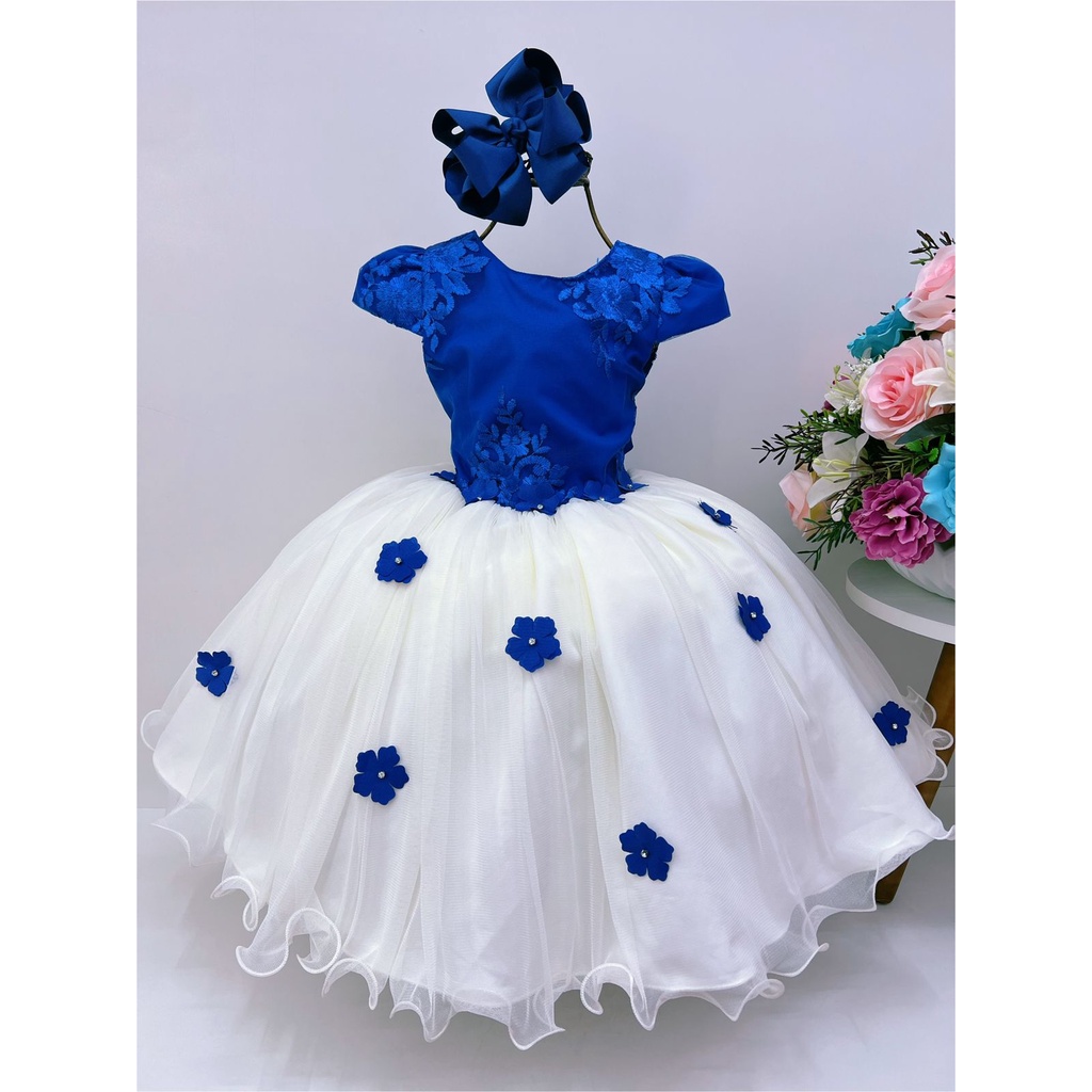 Vestido de daminha azul royal hot sale com branco