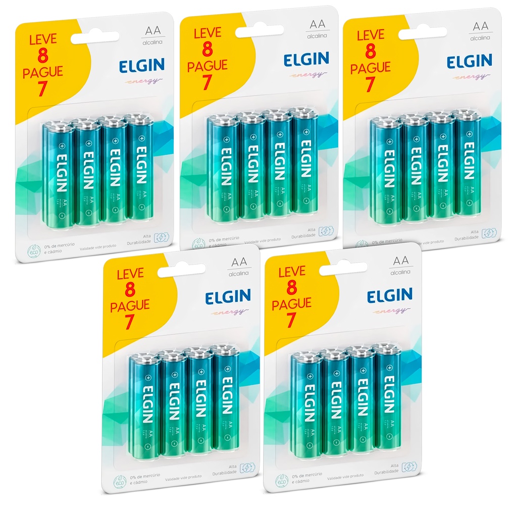 Kit 40 Pilhas AA Alcalina Elgin Energy - 5 Blisters C 8 Unidades ...