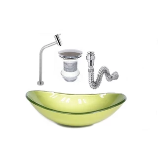 CUBA DE VIDRO OVAL 47CM VERDE OLIVA + VÁLVULA CLICK + TORNEIRA DE METAL + SIFAO