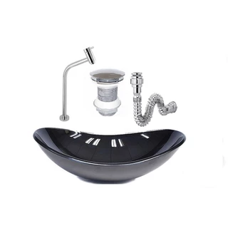 CUBA DE VIDRO OVAL 47CM PRETA + VÁLVULA CLICK + TORNEIRA DE METAL + SIFAO