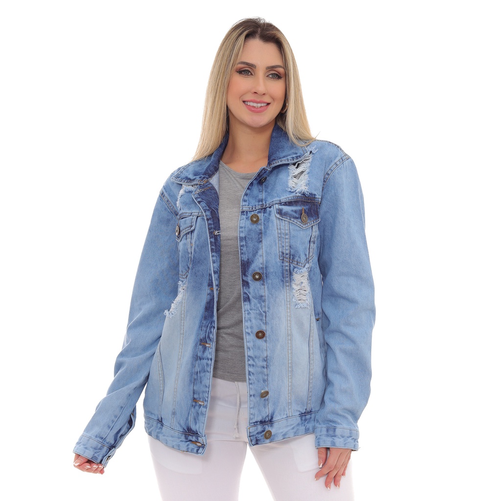 Jaqueta Maxxi Oversized Feminina Jeans Claro Lazúli com Rasgos