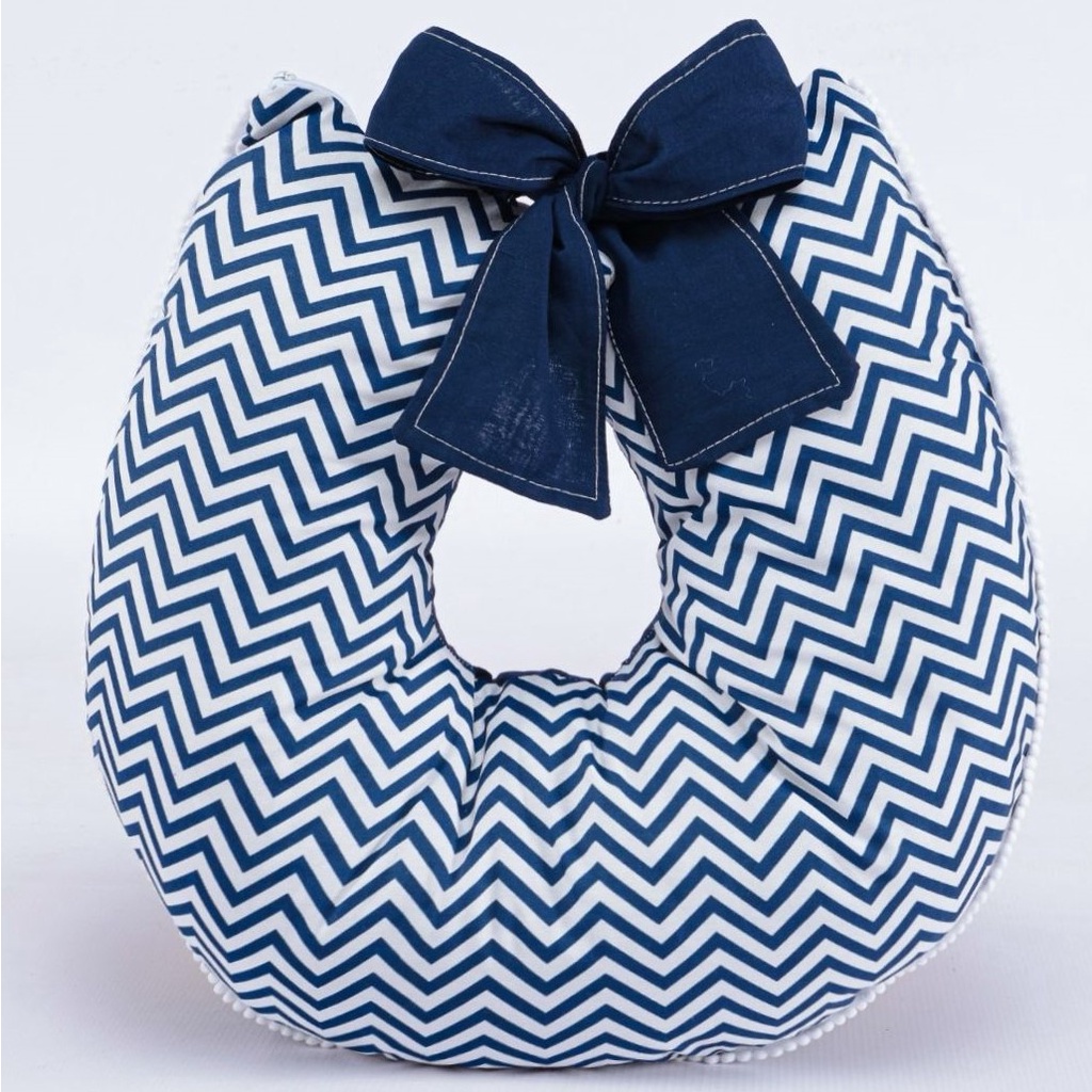 Almofada Para Amamentação Chevron Marinho Travesseiro para Amamentar Bebê com Laço