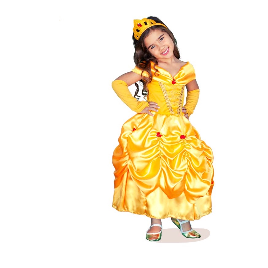 VESTIDO INFANTIL PRINCESA BELA E A FERA AMARELO C/ PÉROLAS