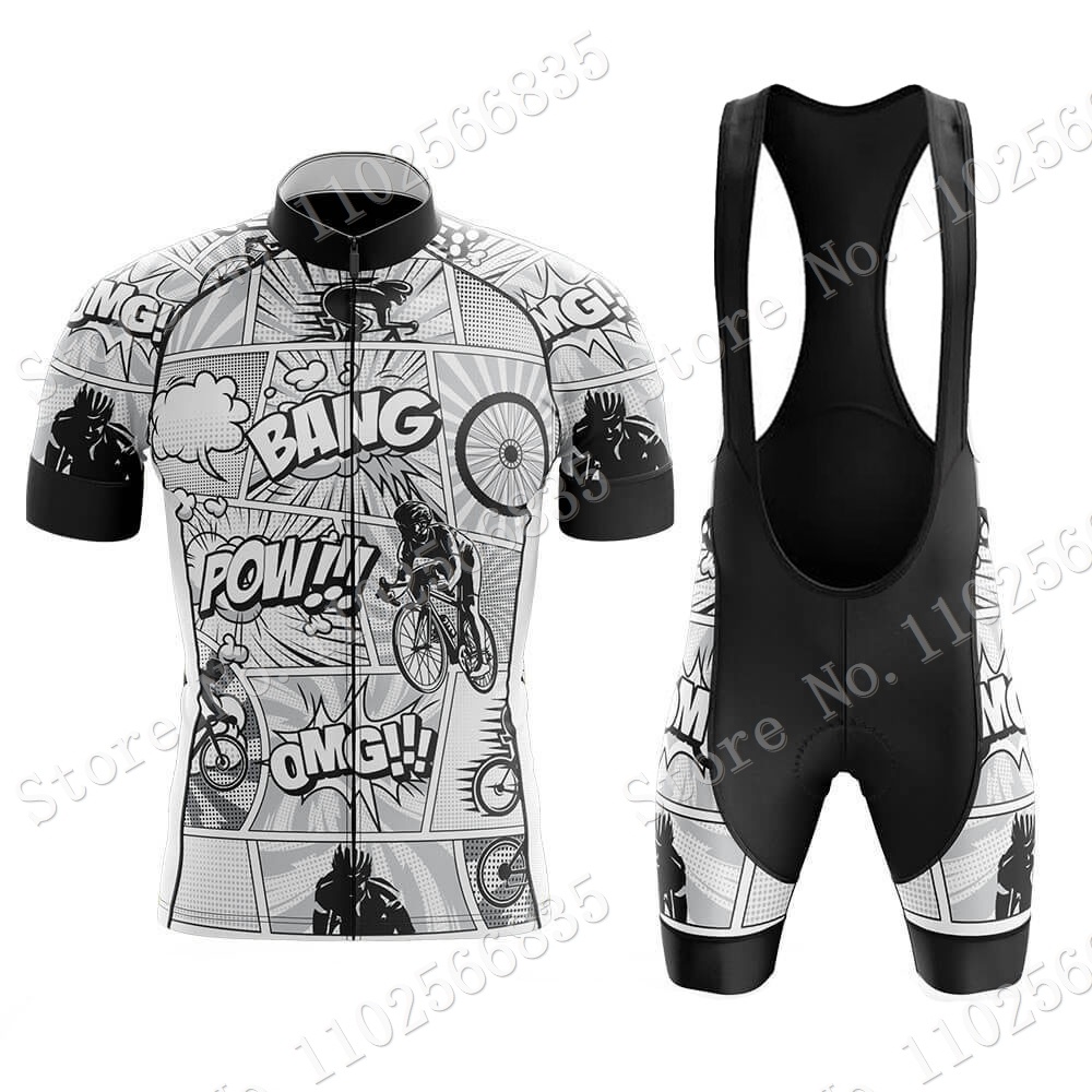 Desenho Animado Cômico 2023 Bang Pow Cycling Jersey Set Short Sleeve Blue Clothing Men Camisas De Bicicleta De Estrada Bib Pants Maillot