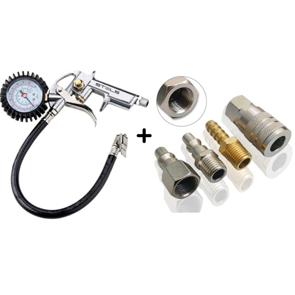 Kit Calibrador Pneus Pneumático + Jogo Engate Rápido 4 Peças