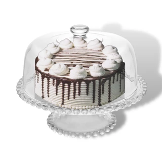 Boleira Com Tampa De Vidro Cristal Com Pé Prato Para Bolo Pudim Torta Sobremesa Luxo Pearl Bolinhas Na Borda 31x25cm Servir Mesa Posta Buffet