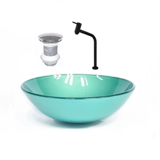 CUBA DE VIDRO REDONDA 31CM VERDE + VALVULA + TORNEIRA PRETA