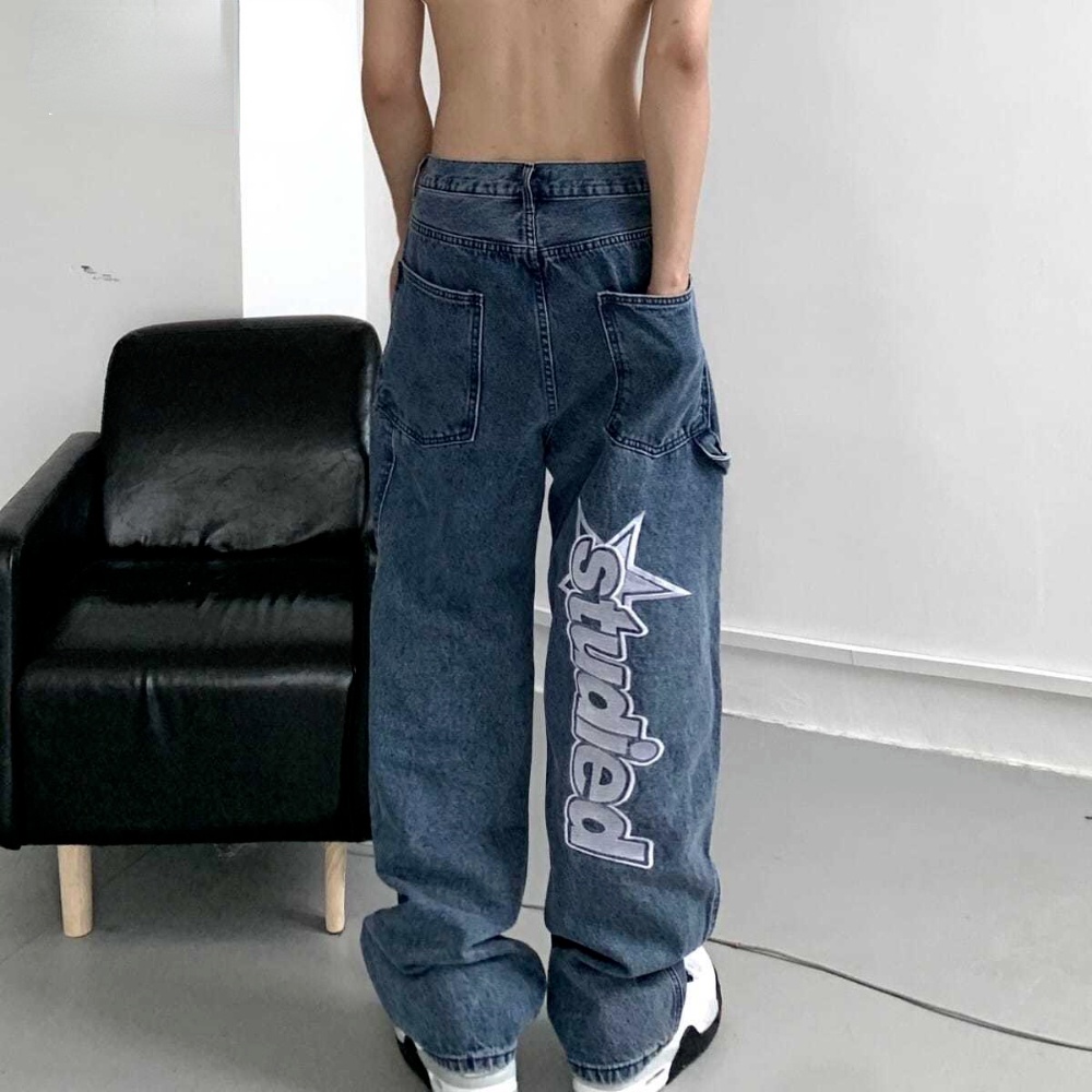 Outono Nova Streetwear Retro Hip-Hop Carta Thermoprint Jeans Homem Calça De Perna Direita Solta Larga Para