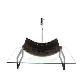 KIT CUBA DE VIDRO RETANGULAR CURVADA MARROM COM TAMPO 60CM INCOLOR E SUPORTE PRETO
