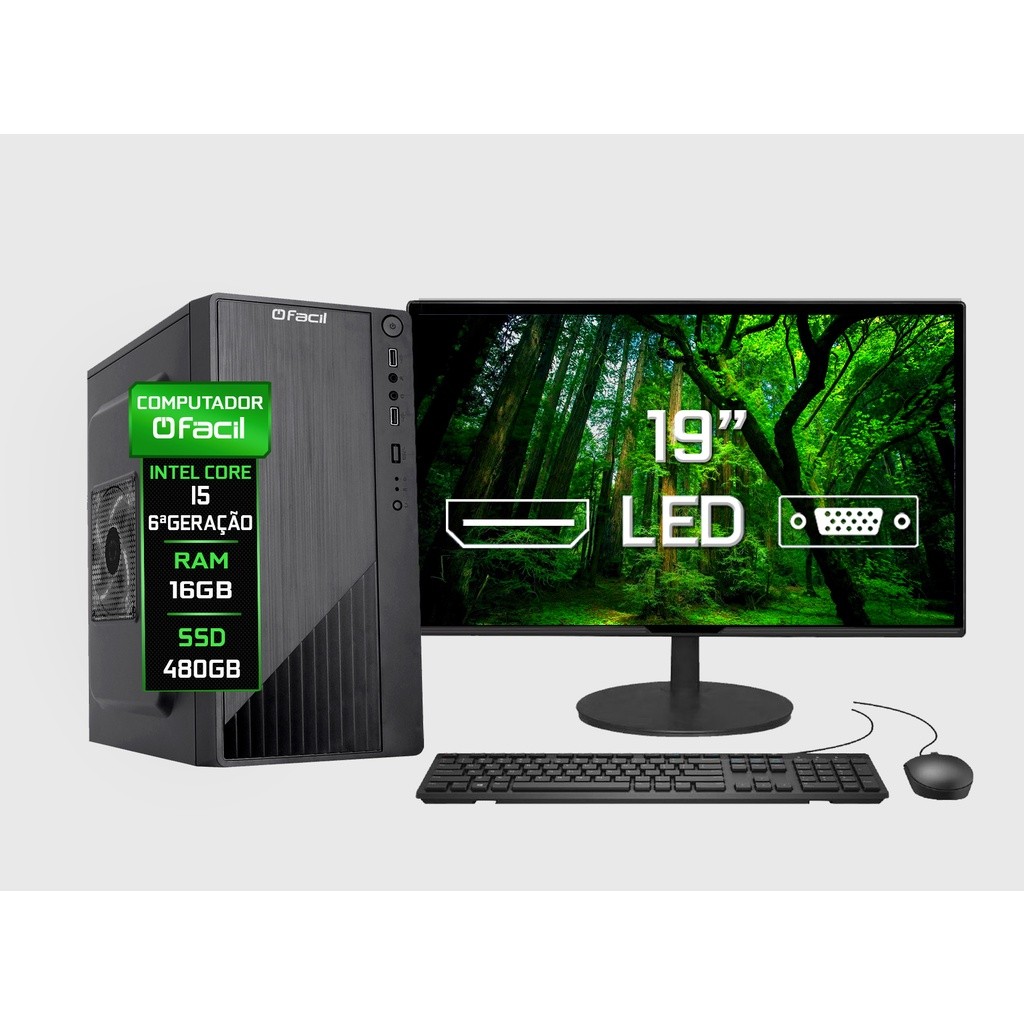 Computador Completo Fácil Intel Core I5 (6ª Geração) 16GB SSD 480GB - Monitor 19" Led Teclado e Mouse