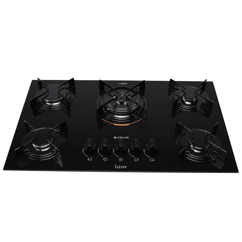 Cooktop 5 Bocas Preto com Mesa de Vidro e Tripla Chama Atlas U Top Bivolt