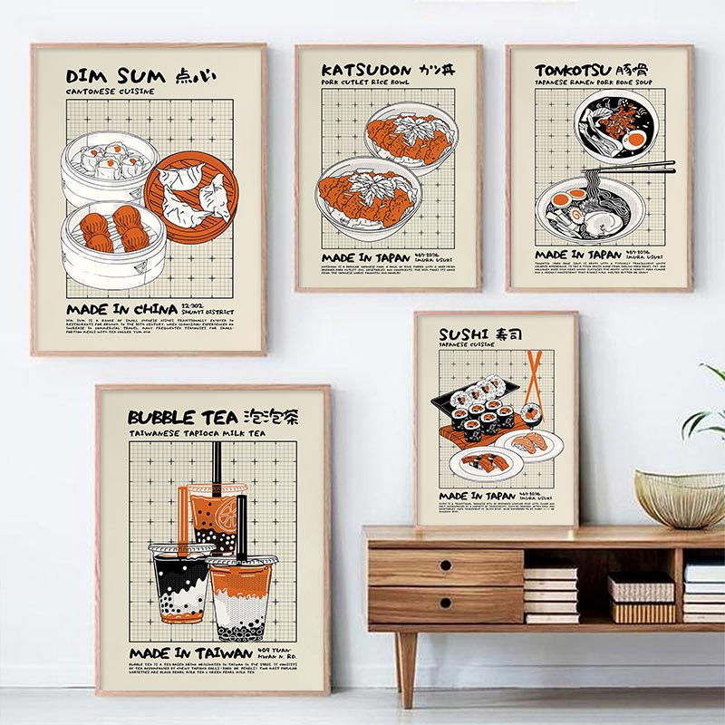 Sushi Japonês Dim Sum Sashimi Ramen Wall Art Impressão Nostalgic Retro Food Trendy Moderno Bubble Milk Tea Poster Home Cozinha Decoração