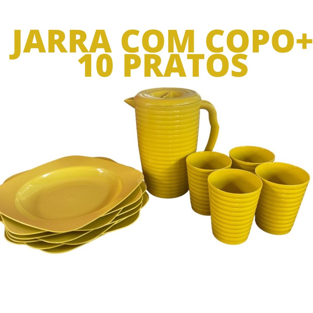 Jarra 2Lts copo detalhe prato quadrado kit amarelo mesa cozinha geladeira suco agua servir mesa