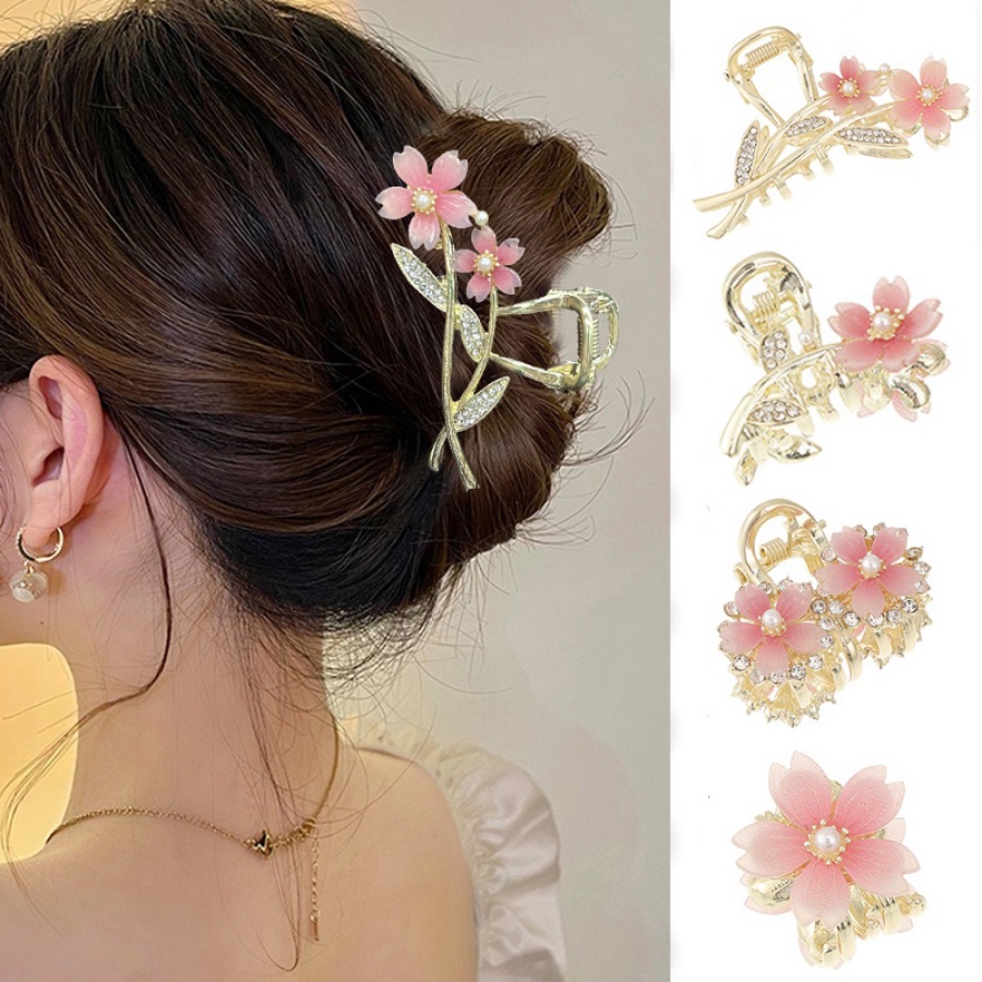 Clip De Metal Coreano Flor Rhinestone Hair Claw Crystal Pearl Girls Hairpin Elegante Acessórios Para Cabelo