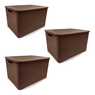 KIT 3 Caixa Organizadora Plástica Marrom Cesto Rattan 15 Litros