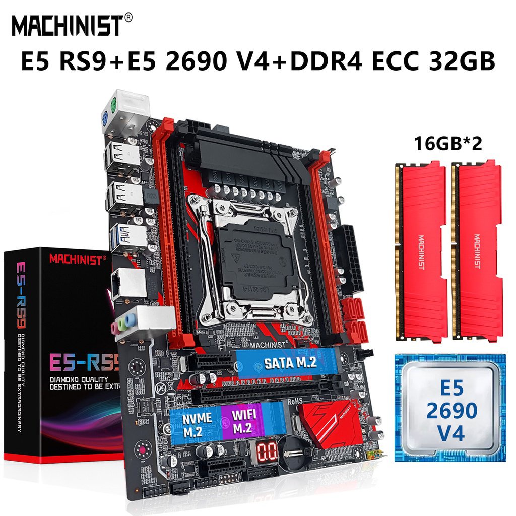 MACHINIST RS9 X99 Conjunto de Placa Mãe Kit Xeon E5 2690 V4 Processador LGA 2011-3 CPU 32G = 16Gx2 D DR4 Memória RAM WIFI NVME M. HR5T 2 SATA