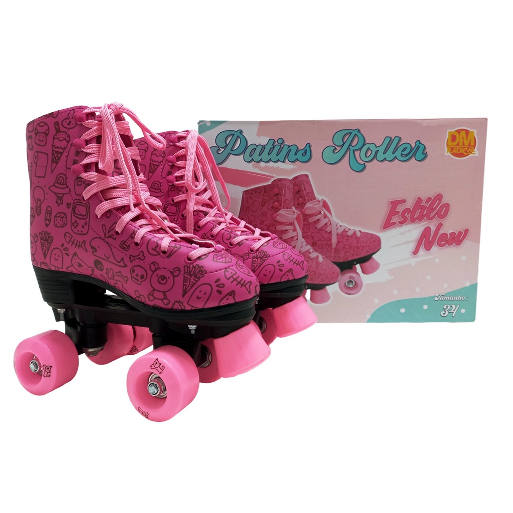 Patins Roller Infantil DM Radical Estilo New Pink Com Desenhos DMR5856 ...