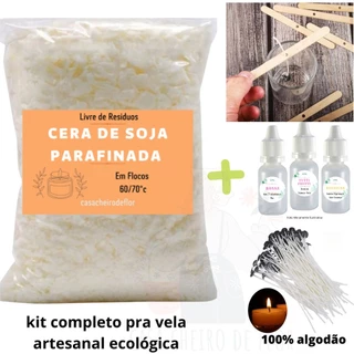 Kit Cera Vegetal Parafinada 1Kg + 3 Essências + 10 Pavio Algodão + 10 Suporte Pavio