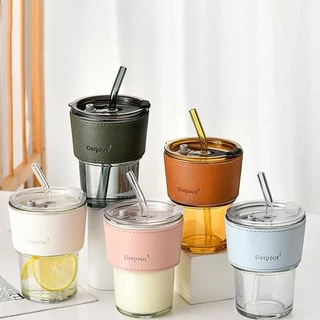 Copo de vidro 350ml com Tampa e Canudo e Capinha Couro Sintetico