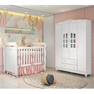 Quarto de Bebê Provençal Lisa Berço Mini Cama Guarda Roupa Infantil 4 Portas Branco Carolina Baby em Oferta na Shopee
