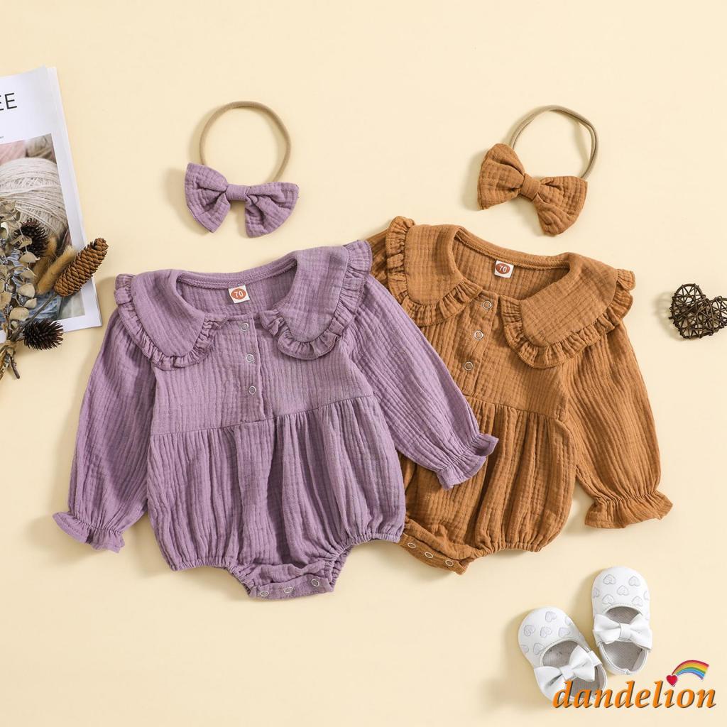 * Romper Com Fita De Cabelo Em Arco 0-24 Meses Baby Girl Manga Longa Doll Collar Fall Plain Clothes for Casual Daily purple/brown