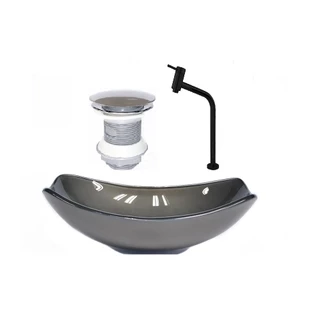 CUBA DE VIDRO OVAL CHANFRADA 46CM GRAFITE + VALVULA + TORNEIRA METAL PRETA + SIFAO