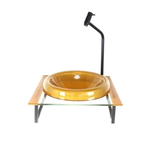 GABINETE COM CUBA DE VIDRO CHAPEU 10MM COM TAMPO 40CM DOURADO REAL MAIS TORNEIRA METAL PRETA