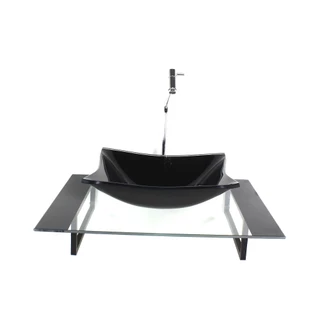 KIT CUBA DE VIDRO RETANGULAR COM TAMPO 60CM PRETO E SUPORTE PRETO
