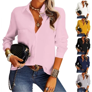 Cor Sólida Camisa De Moda Feminina Primavera Verão Novo Estilo Lapela Manga Longa Temperamento Casual
