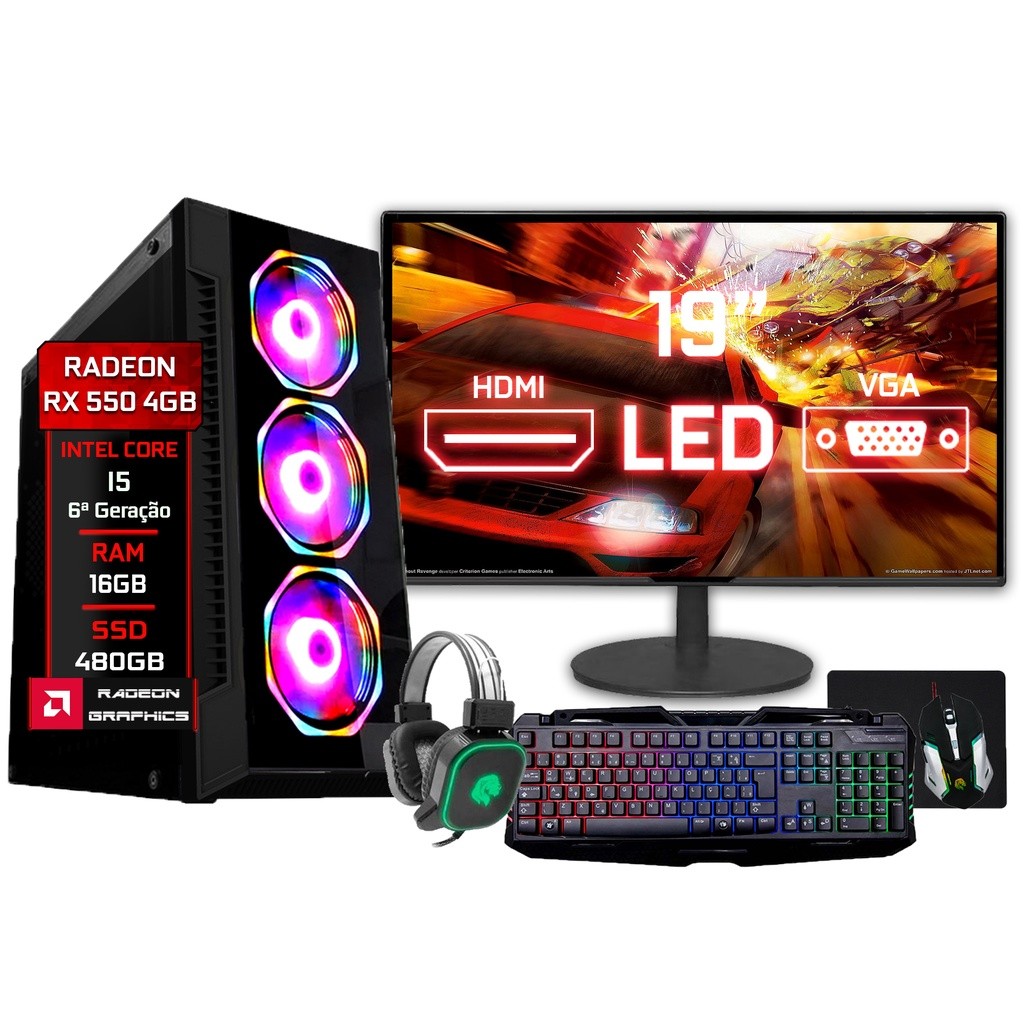 PC Gamer Fácil Completo Intel i5 (6ª geração) 16GB RX 550 4GB SSD 480GB Monitor 19" Kit Gamer Teclado Mouse Headset