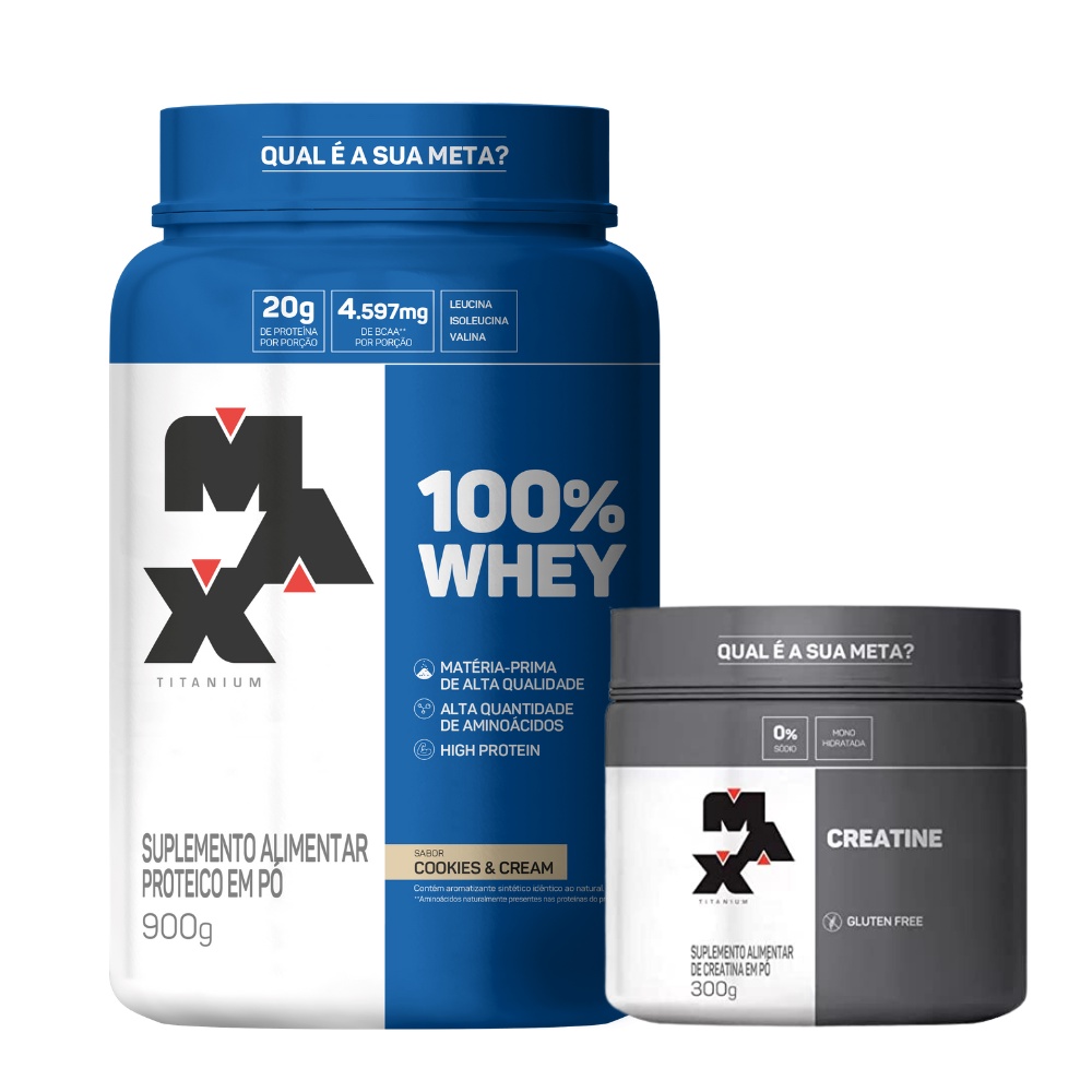 Creatina 300g Max Titanium + Whey Protein 100% Pure 900g Pote Max – Cookies