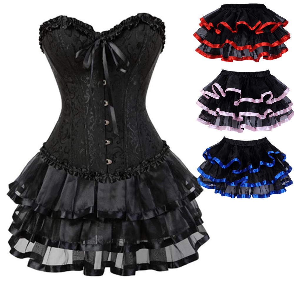 Popxstar Overbust Burlesque Corset and Tutu Skirt Set Vintage Lace up Corset Dress Sexy Corselet and Bustiers Party Plus Size Body Shaper