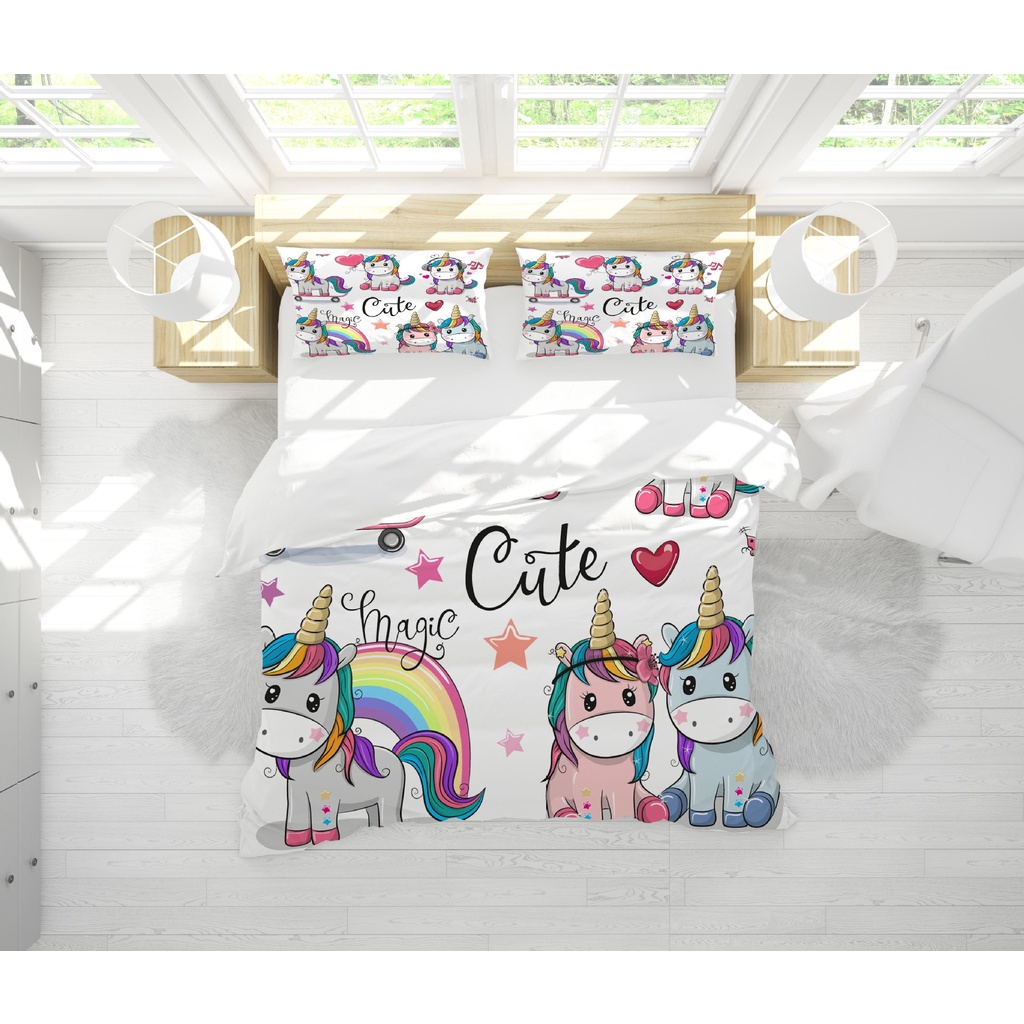 Conjunto de roupa de cama de unicórnio Kawaii tamanho Queen para