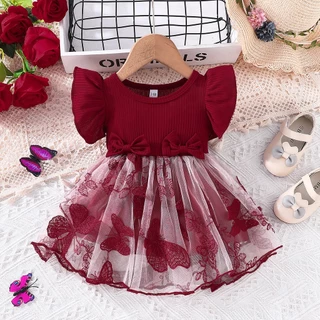 Conjunto Vestido De Bebê Menina Recém-Nascidos 3 Meses-3 Anos Moda Verão Sem Mangas Fofa Borboleta Fofa Bordado Em Malha Ruffle Trim Bow Frente Vestidos De Princesa Infantil