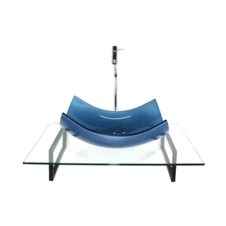KIT CUBA DE VIDRO RETANGULAR CURVADA AZUL COM TAMPO 60CM INCOLOR E SUPORTE TORNEIRA VALVULA