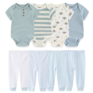 Kiddiezoom 8 Pieces Cartoon Baby Boy Girls Bodysuits + Pants Unisexo Roupas Para Recém-Nascidos Conjuntos De Bebês