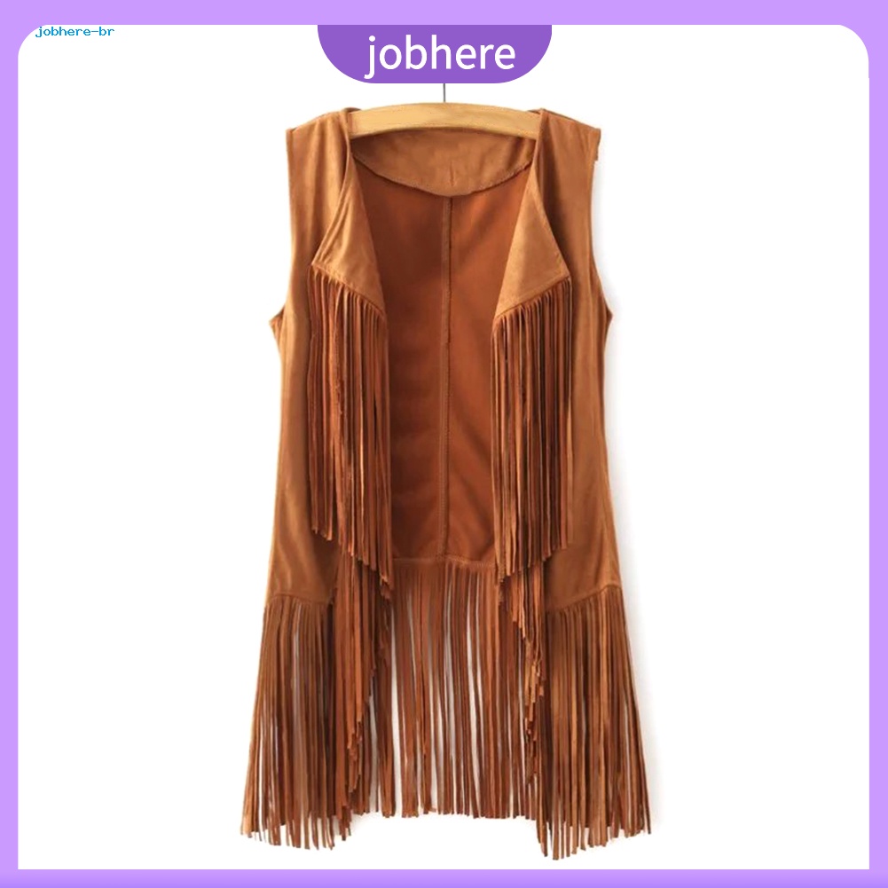 [Colete De Cintura Feminino Étnico Sem Mangas Com Franjas De Cor Sólida E Roupa Comprida
