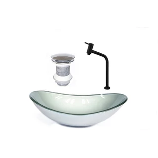 CUBA DE VIDRO OVAL 55CM PRATA VALVULA TORNEIRA PRETA