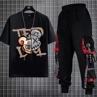 Fato Masculino De Verão hip-hop Moda Redonda Maré Preta Impressão T-shirt Da Marca + Calça Masculina multipocket Solta tassel Tendência