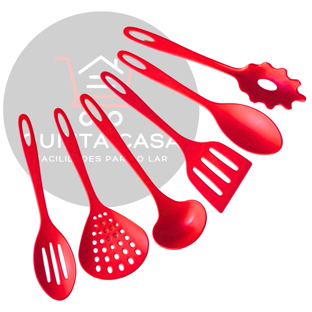 Kit Jogo de Utensílios Cozinha 6 Peças Vermelho Concha Pegador Colher Escumadeira