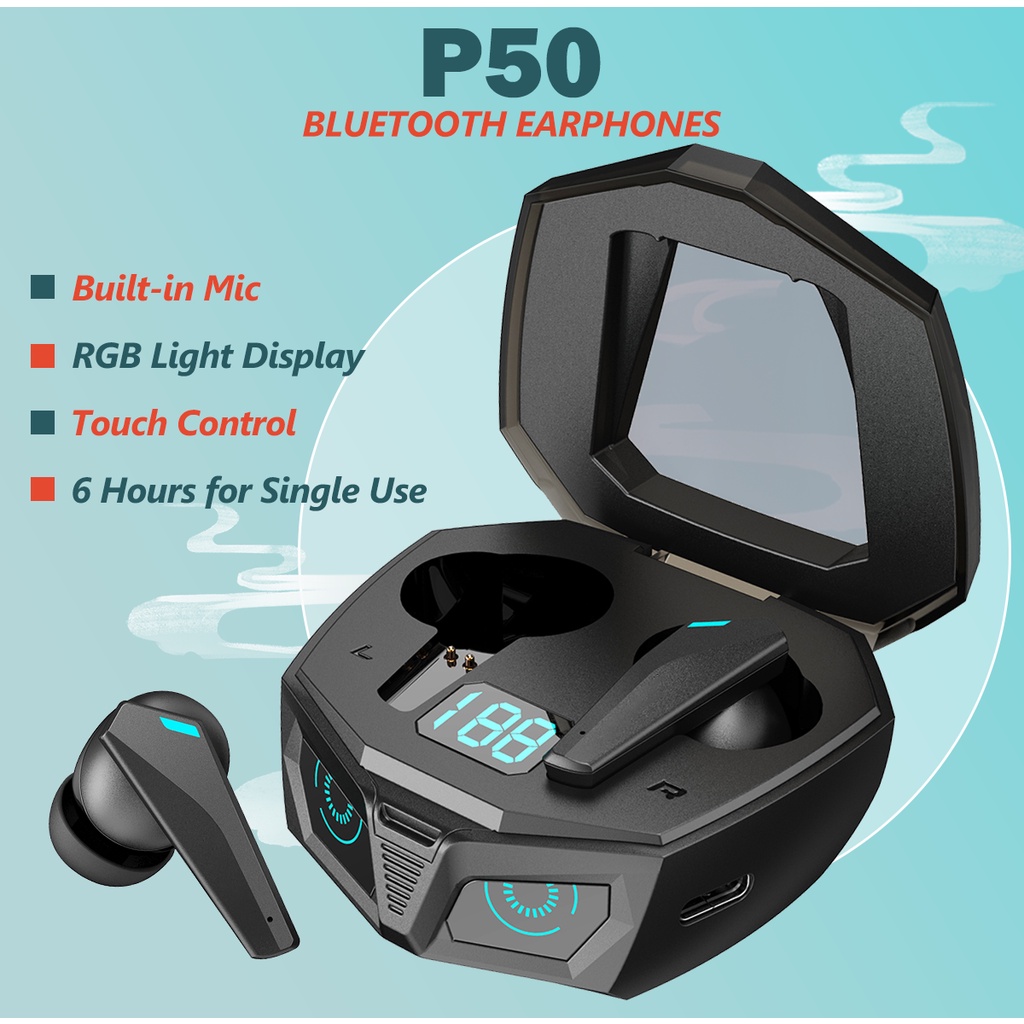 Fone De Ouvido Sem Fio P50 2023 New Com Bluetooth Som Estéreo HD Luzes RGB Para Baixo Latency HD Som Estéreo Digital Para Jogos Gaming jogos Low Latency True Wireless Earphone With Mic Handfree TWS