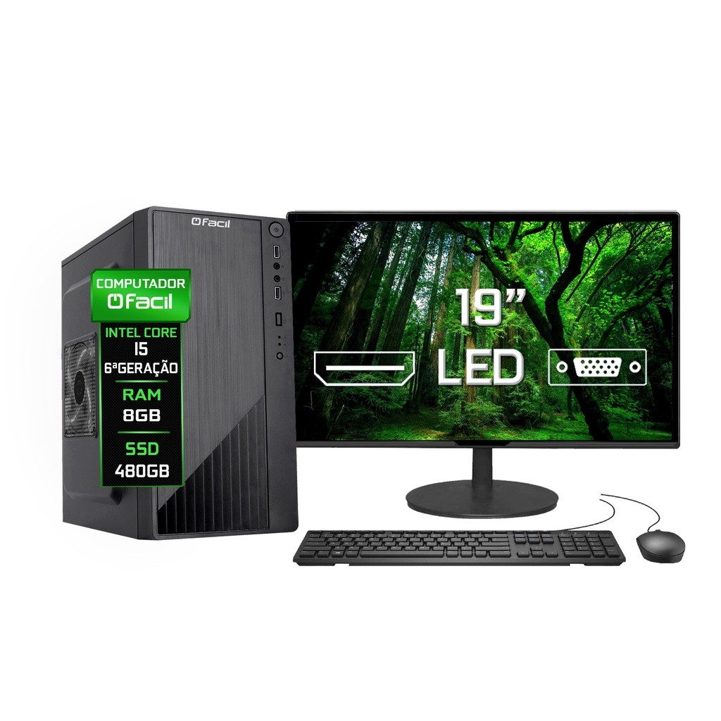 Computador Completo Fácil Intel Core I5 (6ª Geração) 8GB SSD 480GB - Monitor 19" Led Teclado e Mouse