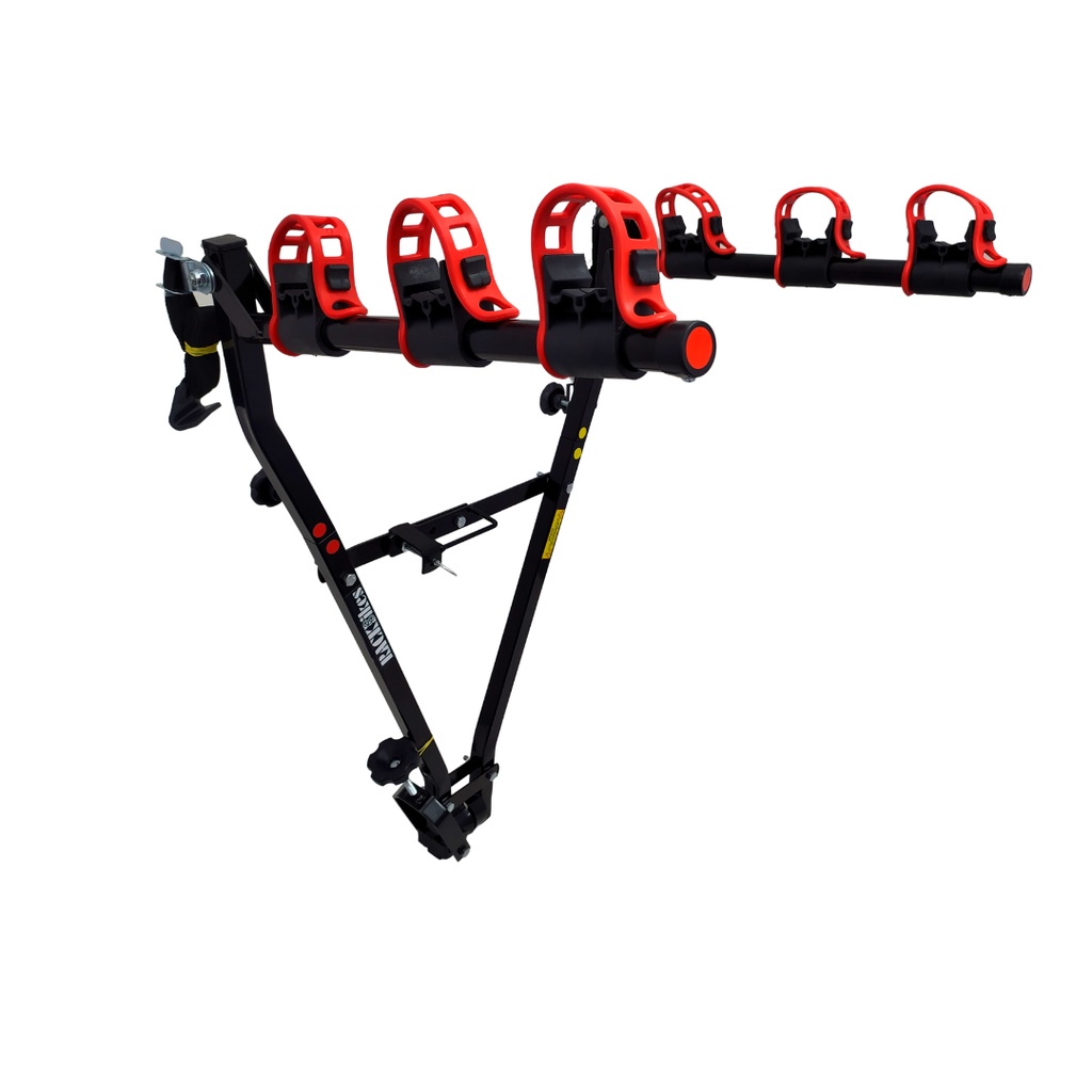 04 - Suporte para bike Transbike Suporte ENGATE 3 bicicletas Preto tira Vermelha Sedan Hatch Speed MTB