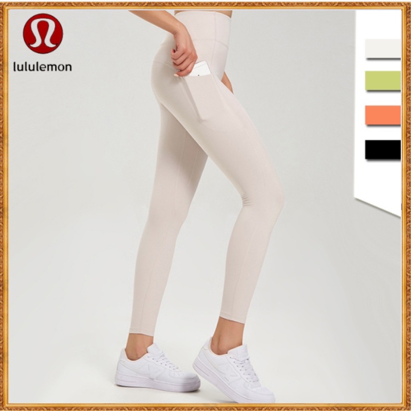 Lululemon Novas Calças De Yoga Femininas Nuas Conforto Lycra Tecido Bolsos  Laterais Soft Fit Fitness leggings C141