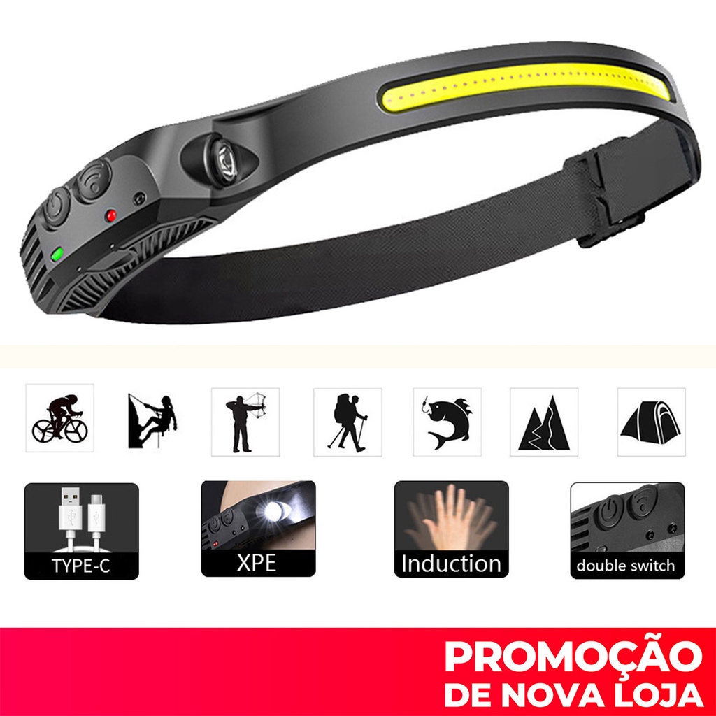 Lanterna de Cabeça Recarregável Led Corpo Motion Camping Torch Light Lamp Com Usb