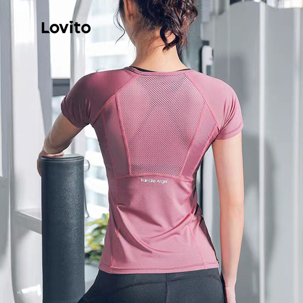 Lovito Camisetas Esportivas Femininas De Malha Contrastante Com Letras Esportivas LNA13061 (Rosa Choque/Azul Marinho/Preto)