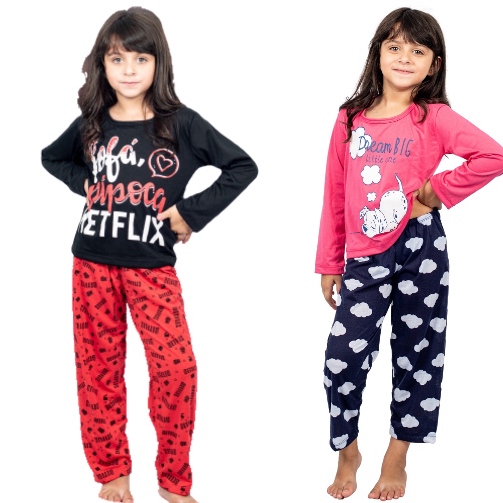 Kit 2 Pijamas Longos Infantil Meninas Inverno Estampado em Oferta na Shopee